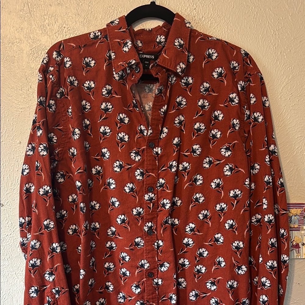 Express Red and White Casual Button Down Shirt